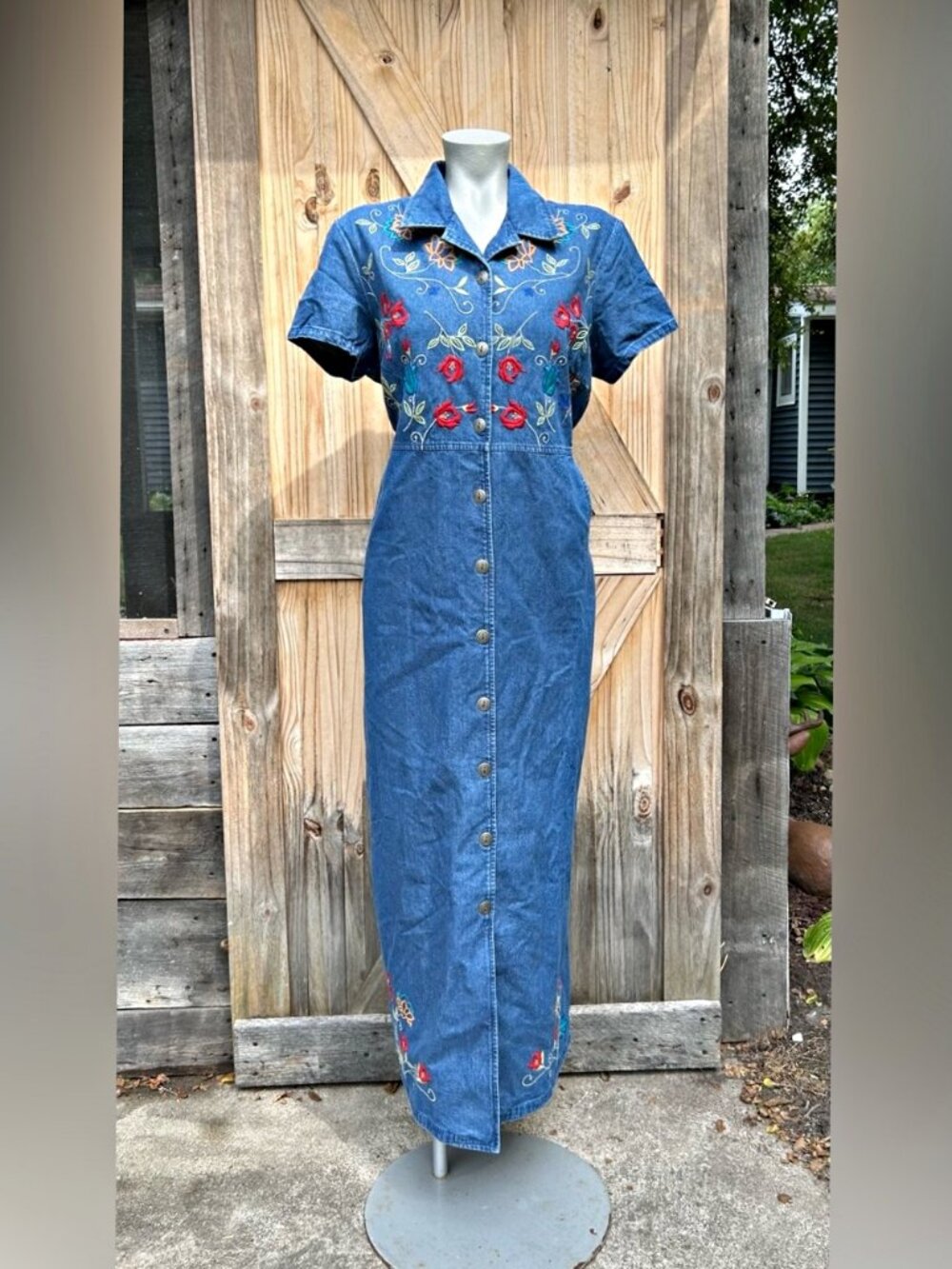 Vintage 90s Field Manor Floral Embroidered Denim Button Front Maxi Dress~L~